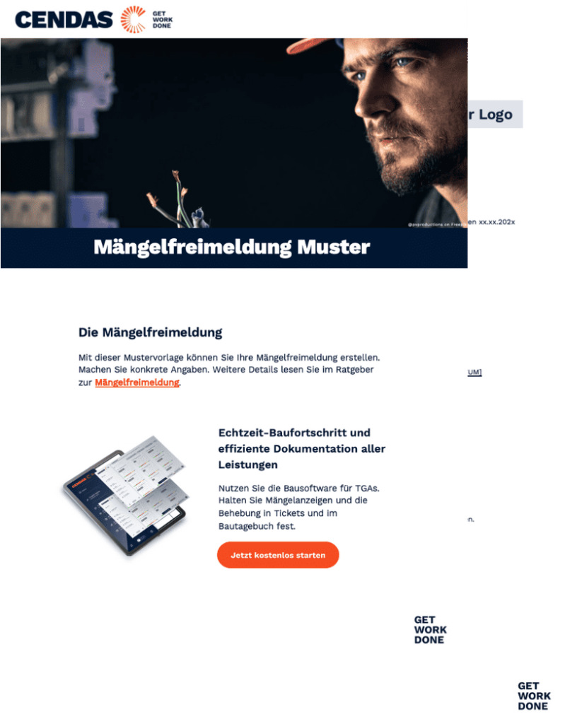 Mängelfreimeldung Vorlage