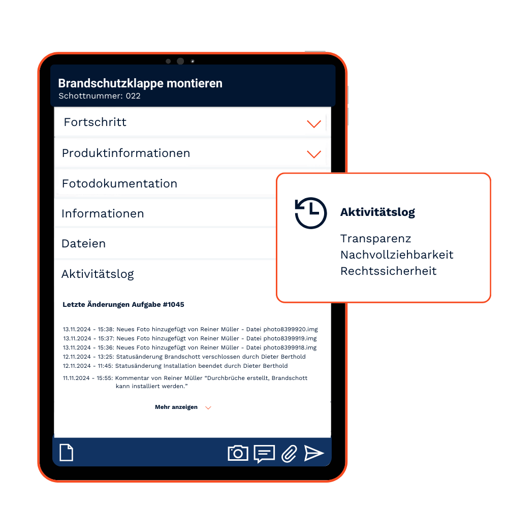 Brandschutz Software CENDAS Tablet Aktivitätslog